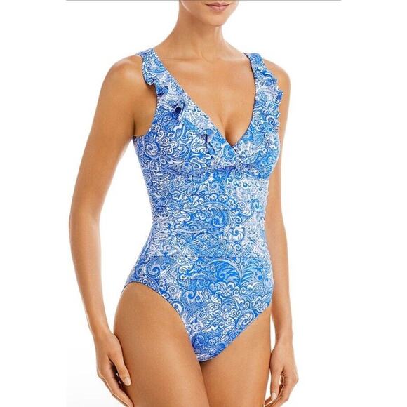 LRL Ralph Lauren One Piece Swimsuit Sz 4 Blue White Underwire Ruffle Womens NEW - Picture 1 of 8